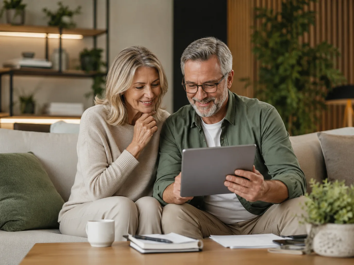 Mature couple reviewing financial technology on a tablet at home