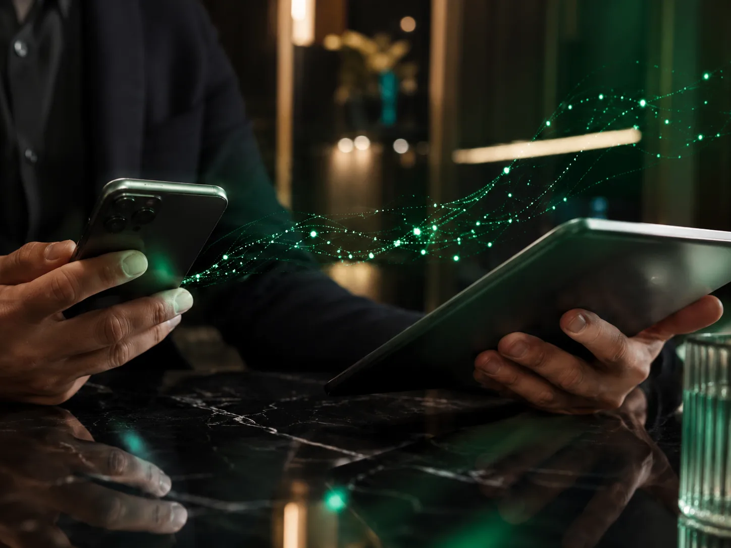 Hands using phone and tablet with abstract green technology signals