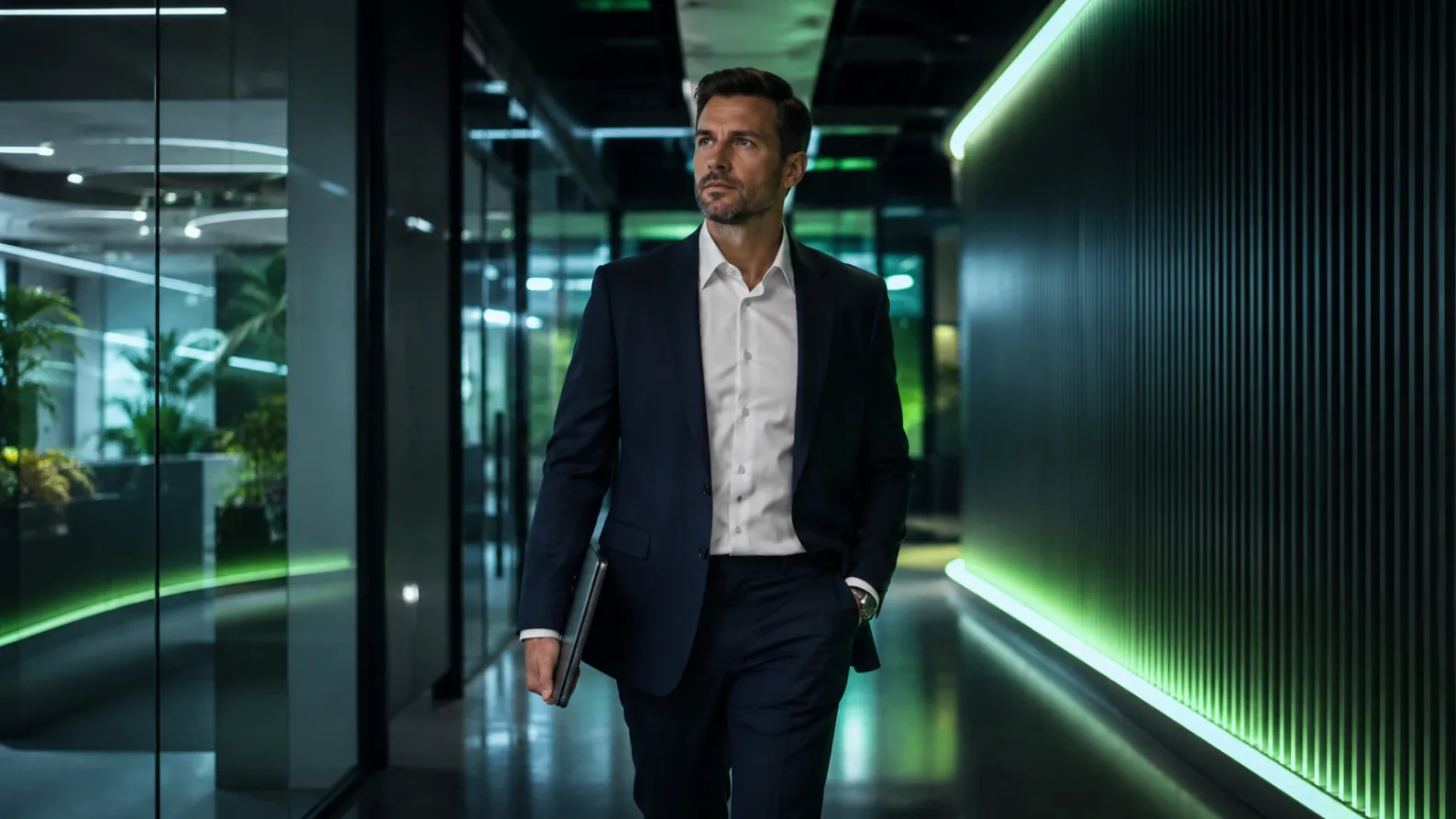Professional walking through a modern technology office corridor with green lighting